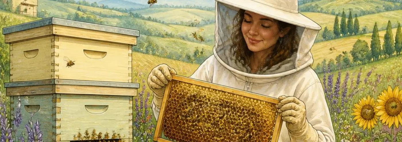 Illustrazione: un'apicoltrice in tuta bianca mostra un telaino pieno di miele accanto a due arnie, in un prato fiorito