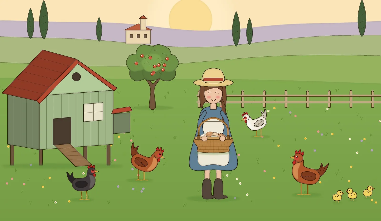 Illustrazione: una donna con un cesto di uova davanti a un pollaio verde, con galline e pulcini in un prato di campagna