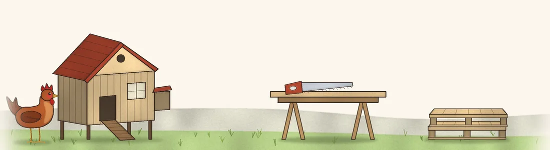 Illustrazione: un pollaio in legno, un cavalletto con la sega e una pila di bancali