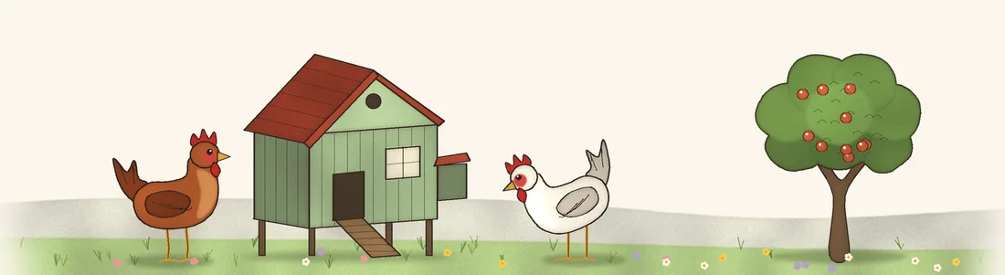 Illustrazione: un pollaio verde con cinque galline di colori diversi